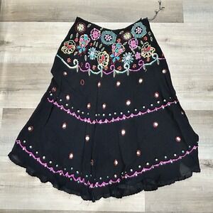 Boho Peasant Tribal Maxi Skirt Black With Multi Color Sequins Beads Floral OS